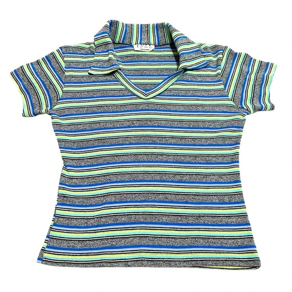Tops - Vintage Y2K Blue gray and green striped collared polo shirt